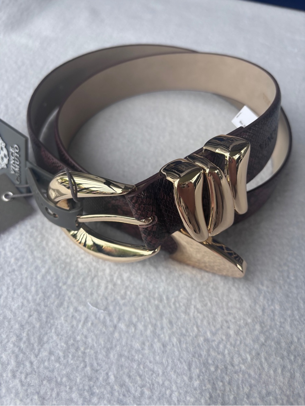 Vince Camuto Sculptural Faux Leather Belt Chocolate/Python Print Gold Buckle L